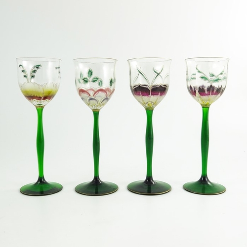 702 - Theresienthal, a set of four Jugendstil enamelled wine glasses, circa 1905, each with a ribbed tulip... 