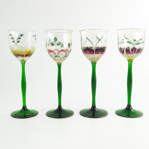 702 - Theresienthal, a set of four Jugendstil enamelled wine glasses, circa 1905, each with a ribbed tulip... 