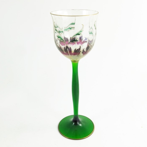 702 - Theresienthal, a set of four Jugendstil enamelled wine glasses, circa 1905, each with a ribbed tulip... 