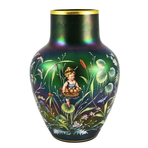 704 - Harrach (attributed), a large Bohemian iridescent and enamelled glass vase, circa 1885, shouldered f... 