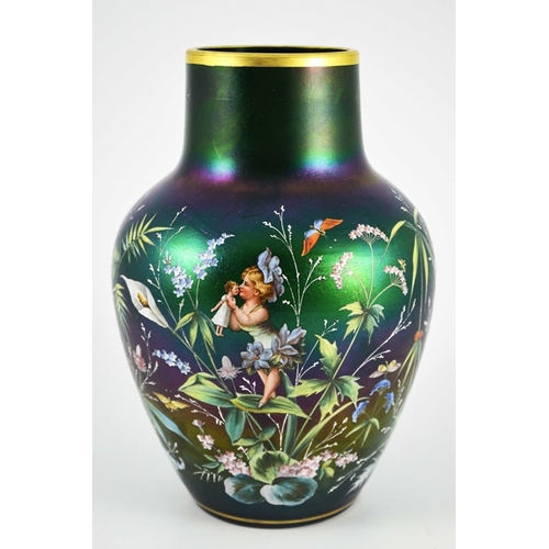 704 - Harrach (attributed), a large Bohemian iridescent and enamelled glass vase, circa 1885, shouldered f... 