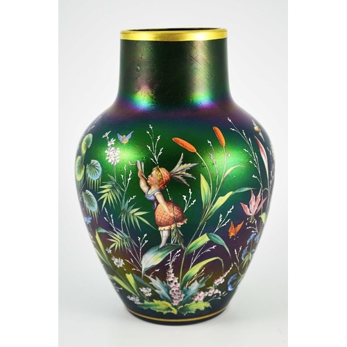 704 - Harrach (attributed), a large Bohemian iridescent and enamelled glass vase, circa 1885, shouldered f... 