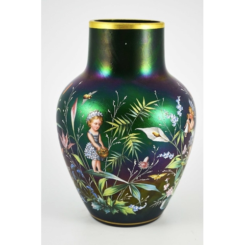 704 - Harrach (attributed), a large Bohemian iridescent and enamelled glass vase, circa 1885, shouldered f... 