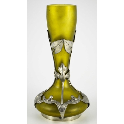 705 - A Secessionist iridescent pewter mounted glass vase, circa 1900, probably Rindskopf, double gourd bo... 