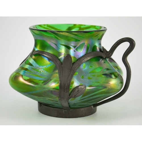 706 - Kralik for Van Hauten, a Secessionist iridescent glass and pewter mounted Banded vase, circa 1900, h... 