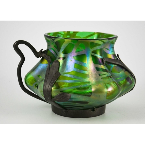 706 - Kralik for Van Hauten, a Secessionist iridescent glass and pewter mounted Banded vase, circa 1900, h... 