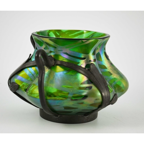 706 - Kralik for Van Hauten, a Secessionist iridescent glass and pewter mounted Banded vase, circa 1900, h... 