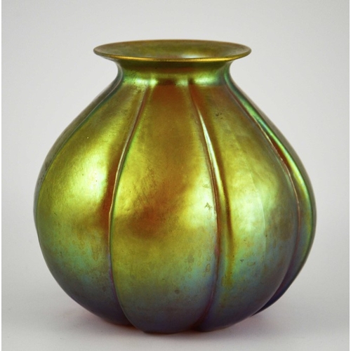 710 - WMF, a Myra iridescent glass vase, model J295, circa 1925, relief moulded segmented bulbous form wit... 