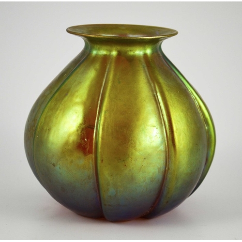 710 - WMF, a Myra iridescent glass vase, model J295, circa 1925, relief moulded segmented bulbous form wit... 