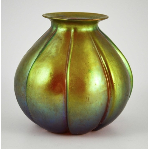 710 - WMF, a Myra iridescent glass vase, model J295, circa 1925, relief moulded segmented bulbous form wit... 