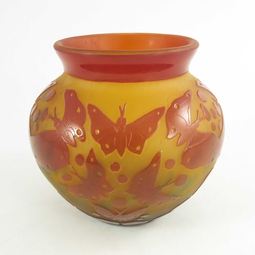 714 - Schneider, a cameo glass vase, circa 1930, ovoid form, orange over amber, the base speckled, etched ... 