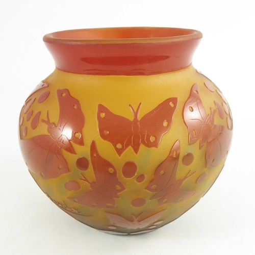 714 - Schneider, a cameo glass vase, circa 1930, ovoid form, orange over amber, the base speckled, etched ... 