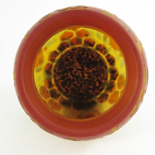 714 - Schneider, a cameo glass vase, circa 1930, ovoid form, orange over amber, the base speckled, etched ... 