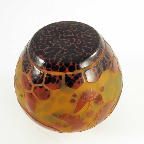 714 - Schneider, a cameo glass vase, circa 1930, ovoid form, orange over amber, the base speckled, etched ... 