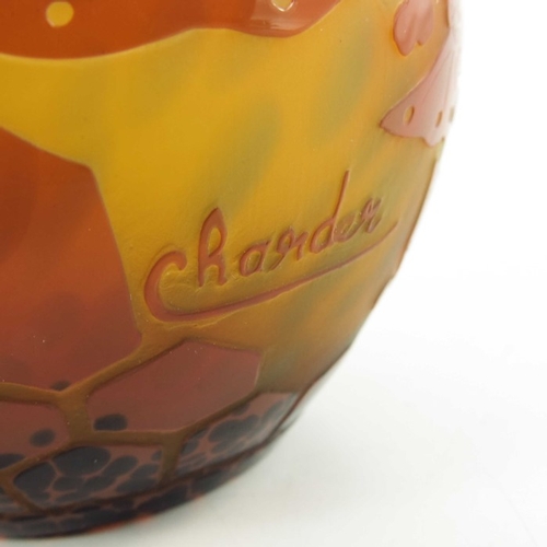 714 - Schneider, a cameo glass vase, circa 1930, ovoid form, orange over amber, the base speckled, etched ... 