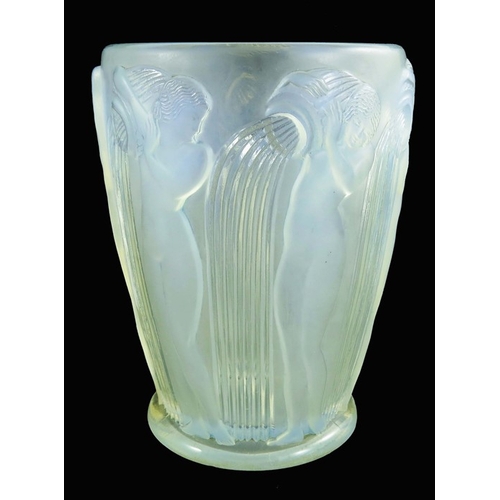 725 - Rene Lalique, a Danaides glass vase, model 972, designed circa 1926, blue opalescent, engraved R Lal... 