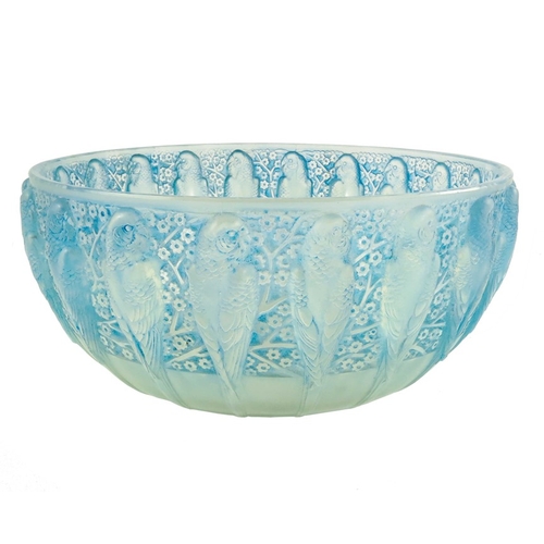 727 - Rene Lalique, a Perruches glass bowl, model 419, designed circa 1931, blue opalescent, acid etched R... 