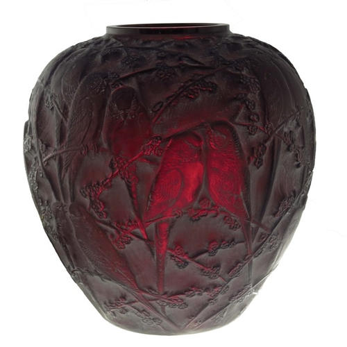 743 - Rene Lalique, a Perruches glass vase, model 876, designed circa 1919, dark red plum with white stain... 