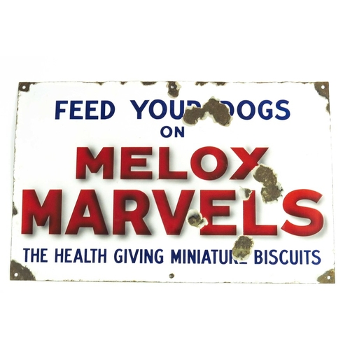 796 - Early 20th century enamel advertising sign, Feed your dogs on MELOX MARVELS, 56cm x 35.5cm