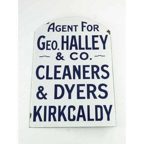 812 - A double sided wall mounting enamel sign, Agent for Geo Halley & Co, Cleaners & Dyers, Kirkcaldy, 35... 