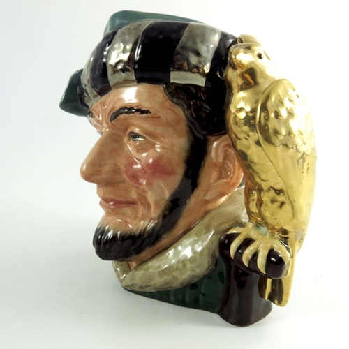 836 - A Royal Doulton large character jug, Falconer, silver and gold highlights colourway, special order R... 