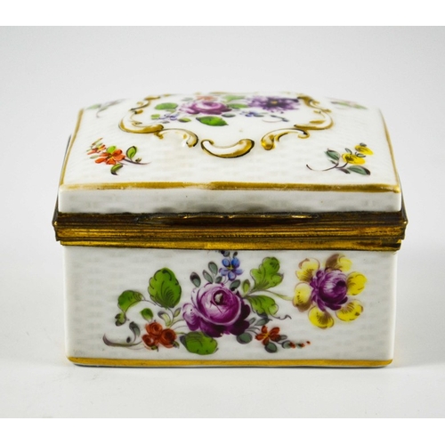 958 - A Continental porcelain box, rectagular section, relief moulded basket weave and Rococo catouche, pa... 