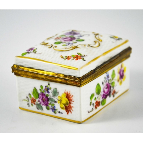 958 - A Continental porcelain box, rectagular section, relief moulded basket weave and Rococo catouche, pa... 