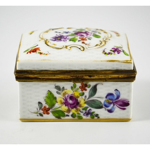 958 - A Continental porcelain box, rectagular section, relief moulded basket weave and Rococo catouche, pa... 