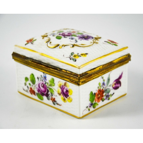 958 - A Continental porcelain box, rectagular section, relief moulded basket weave and Rococo catouche, pa... 