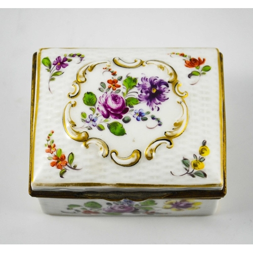 958 - A Continental porcelain box, rectagular section, relief moulded basket weave and Rococo catouche, pa... 