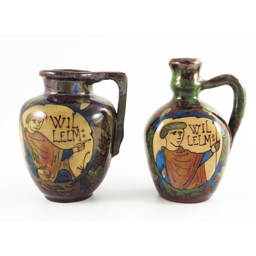 994 - Louis Etienne Desmant, two French faience Bayeux Tapestry lustre jugs, circa 1890, shouldered form, ... 