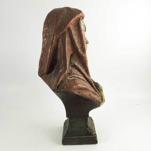 1001 - An Austrian painted plaster bust figure of an Arab woman, circa 1890, modelled in scarf, on plinth b... 