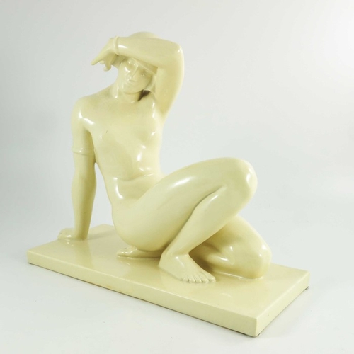 1004 - Maurice Girard, art deco ceramic sculpture, circa 1930, cream coloured sculpture of a nude lady recl... 