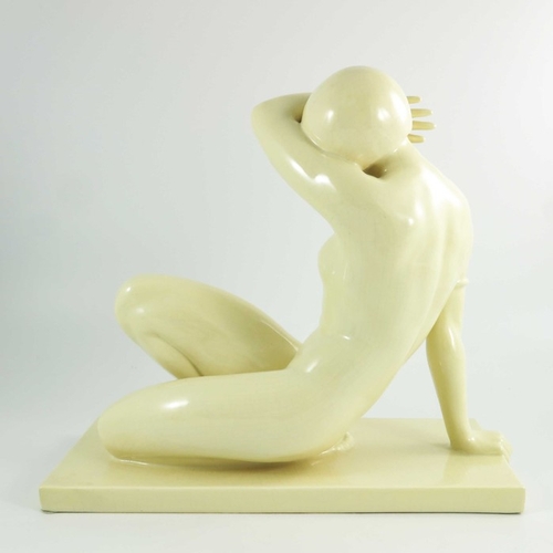 1004 - Maurice Girard, art deco ceramic sculpture, circa 1930, cream coloured sculpture of a nude lady recl... 