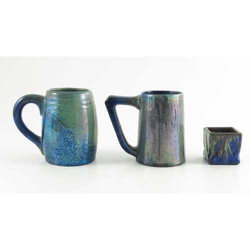 1013 - Alphonse Cytere for Rambervillers, two Art Nouveau lustre mugs, conical and ribbed barrel forms, and... 