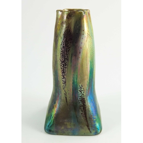 1017 - Clement Massier, an iridescent lustre vase, circa 1900, tapered gourd form with square foot and crim... 