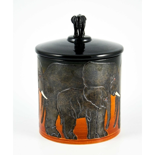 1032 - Sally Tuffin for Dennis China Works, an Elephant pot and cover, circa 2003, cylindrical form, incise... 