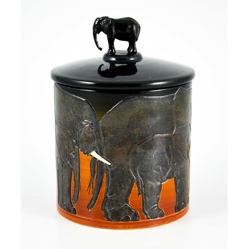 1032 - Sally Tuffin for Dennis China Works, an Elephant pot and cover, circa 2003, cylindrical form, incise... 