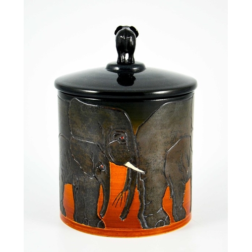 1032 - Sally Tuffin for Dennis China Works, an Elephant pot and cover, circa 2003, cylindrical form, incise... 