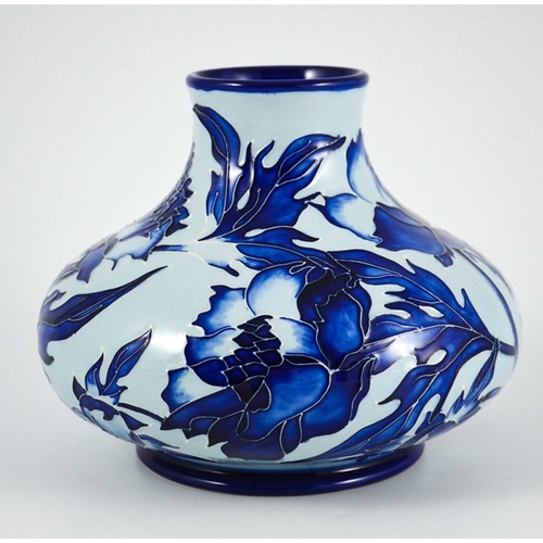 1041 - Philip Gibson for Moorcroft, a blue on blue Peony vase, 1999, squat bulboud form, impressed marks, 1... 