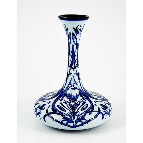 1071 - Rachel Bishop for Moorcroft, a Blue on Blue vase, 2003, ships decanter form, impressed marks, 24cm h... 