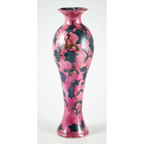 1076 - Lisa B Moorcroft, a pink and green lustre Holly vase, circa 1980, elongated inverse baluster form, m... 