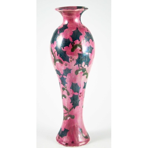 1076 - Lisa B Moorcroft, a pink and green lustre Holly vase, circa 1980, elongated inverse baluster form, m... 