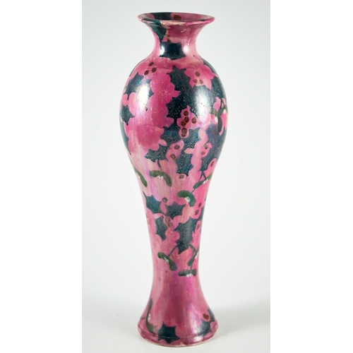 1076 - Lisa B Moorcroft, a pink and green lustre Holly vase, circa 1980, elongated inverse baluster form, m... 