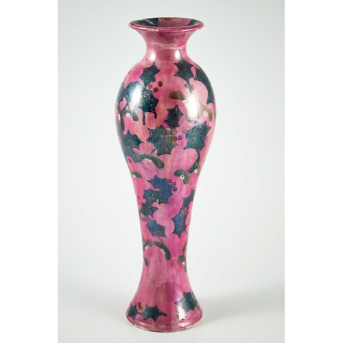 1076 - Lisa B Moorcroft, a pink and green lustre Holly vase, circa 1980, elongated inverse baluster form, m... 