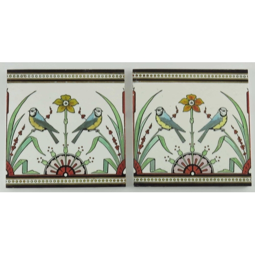 1180 - Christopher Dresser for Minton, a pair of Tomtits pattern tiles, circa 1870, white with enamelled bl... 