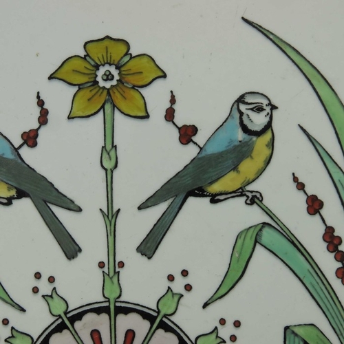 1180 - Christopher Dresser for Minton, a pair of Tomtits pattern tiles, circa 1870, white with enamelled bl... 