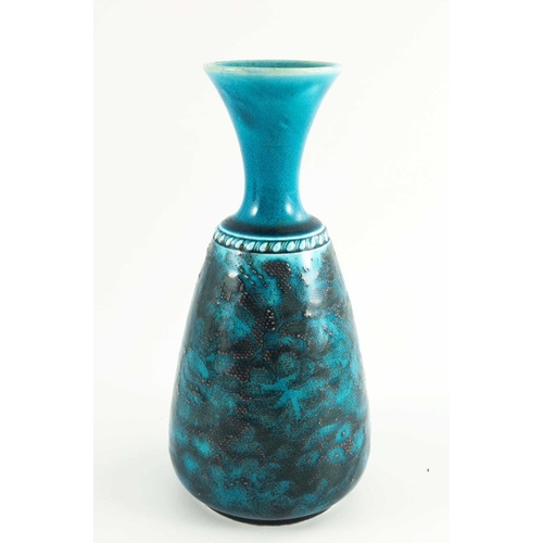 1187 - Christopher Dresser (attributed), an art pottery turquoise glazed vase, circa 1880, shouldered conic... 