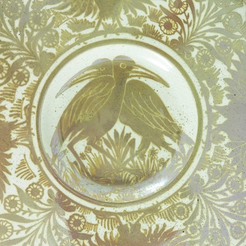 1191 - William De Morgan, a lustre dish, circa 1872-1882, painted with storks within a border of alternatin... 