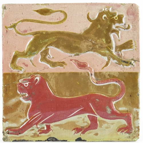 1195 - William De Morgan, a Raised Lion lustre tile, relief moulded in red and gold copper, impressed mark,... 